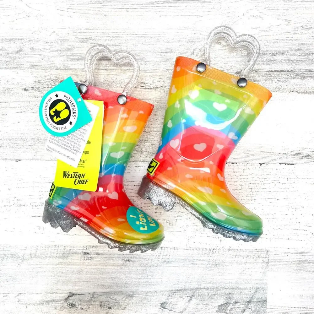 Western Chief Rain Boots Toddler Girls Size 5 Rainbow Heart Waves Light Up